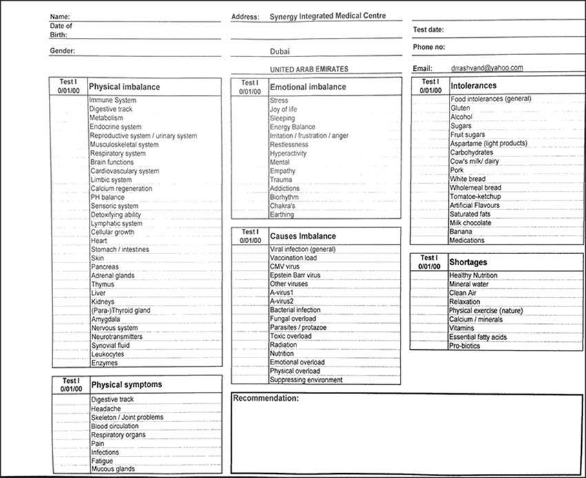 Quantum Urine Analysis test sheet